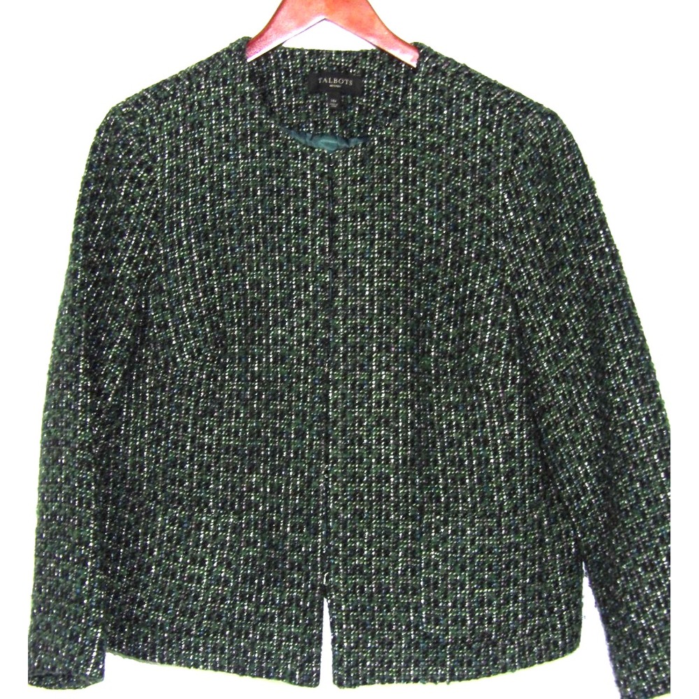 TALBOTS Wool Blend Clasp Front Green/Black Tweed Blazer Women's 14P Petites